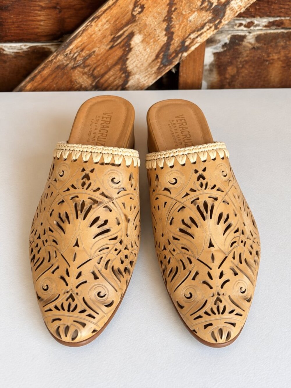Veracruz Artisan Leather Cutout Mules Tan Boho Shoes Size 37
